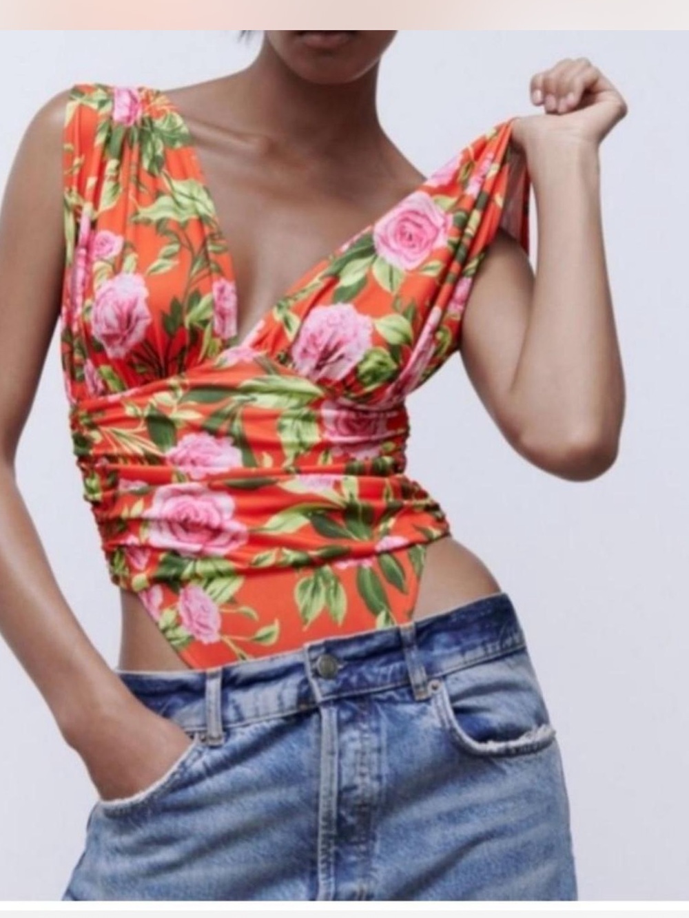 Zara Floral Orange Ruched V-Neck Women's Bodysuit